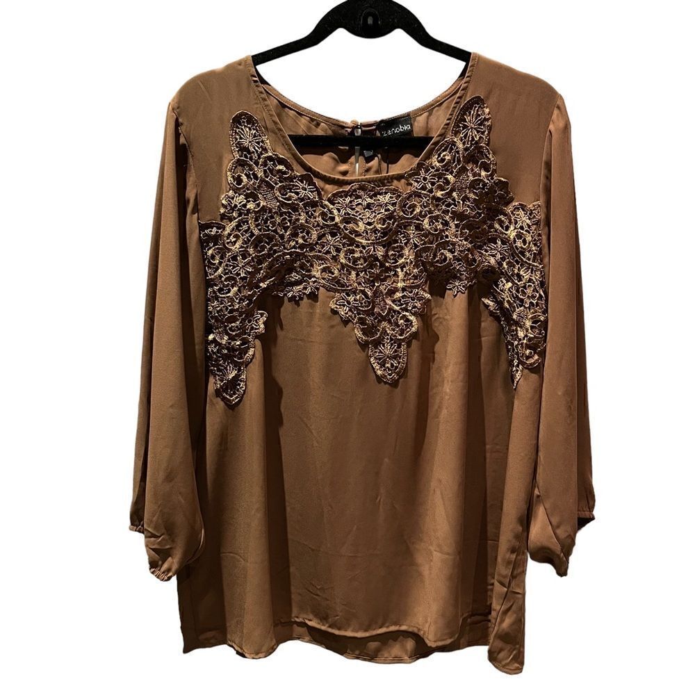 Women's Zenobia Blouse 3/4 Sleeve Milk Chocolate Brown Size 2XL Scoop Neck